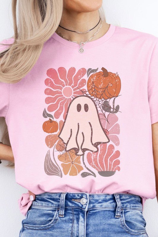 Boho Floral Fall Pink Ghost Graphic Tee - Demented Sisters