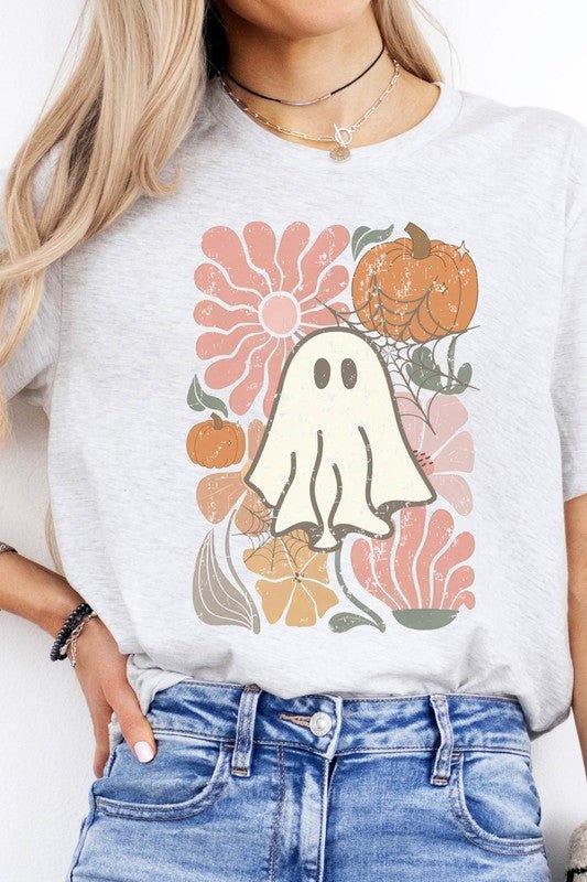 Boho Floral Fall Pink Ghost Graphic Tee - Demented Sisters