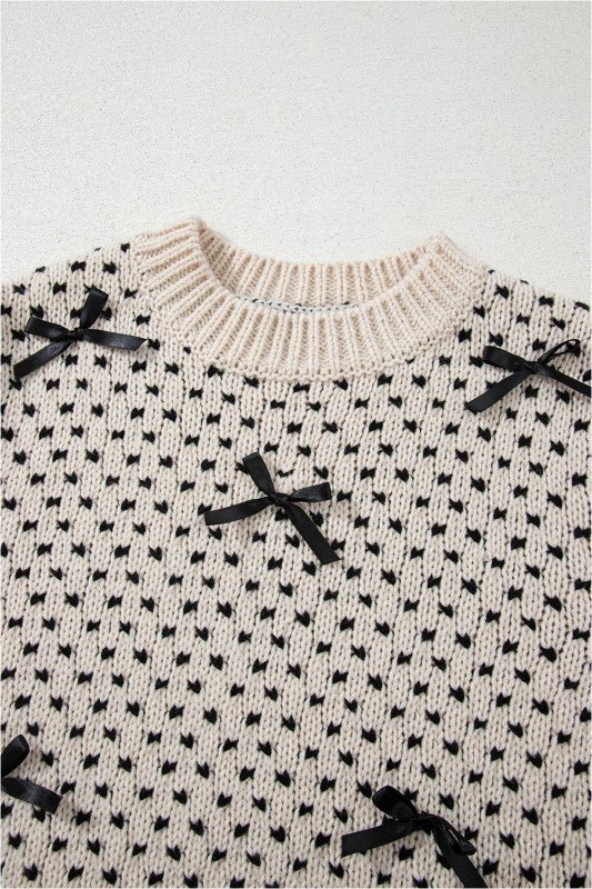 Bow Ribbed Edge Crewneck Long Sleeve Sweater - Demented Sisters