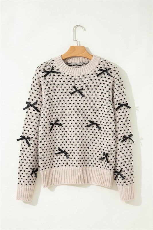 Bow Ribbed Edge Crewneck Long Sleeve Sweater - Demented Sisters