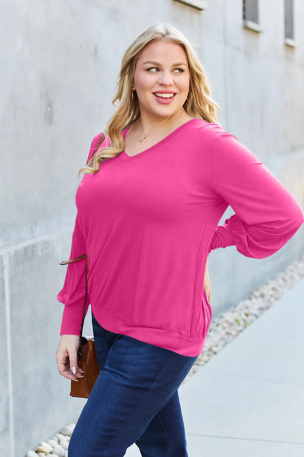 Basic Bae Full Size V - Neck Lantern Sleeve Top - Demented Sisters