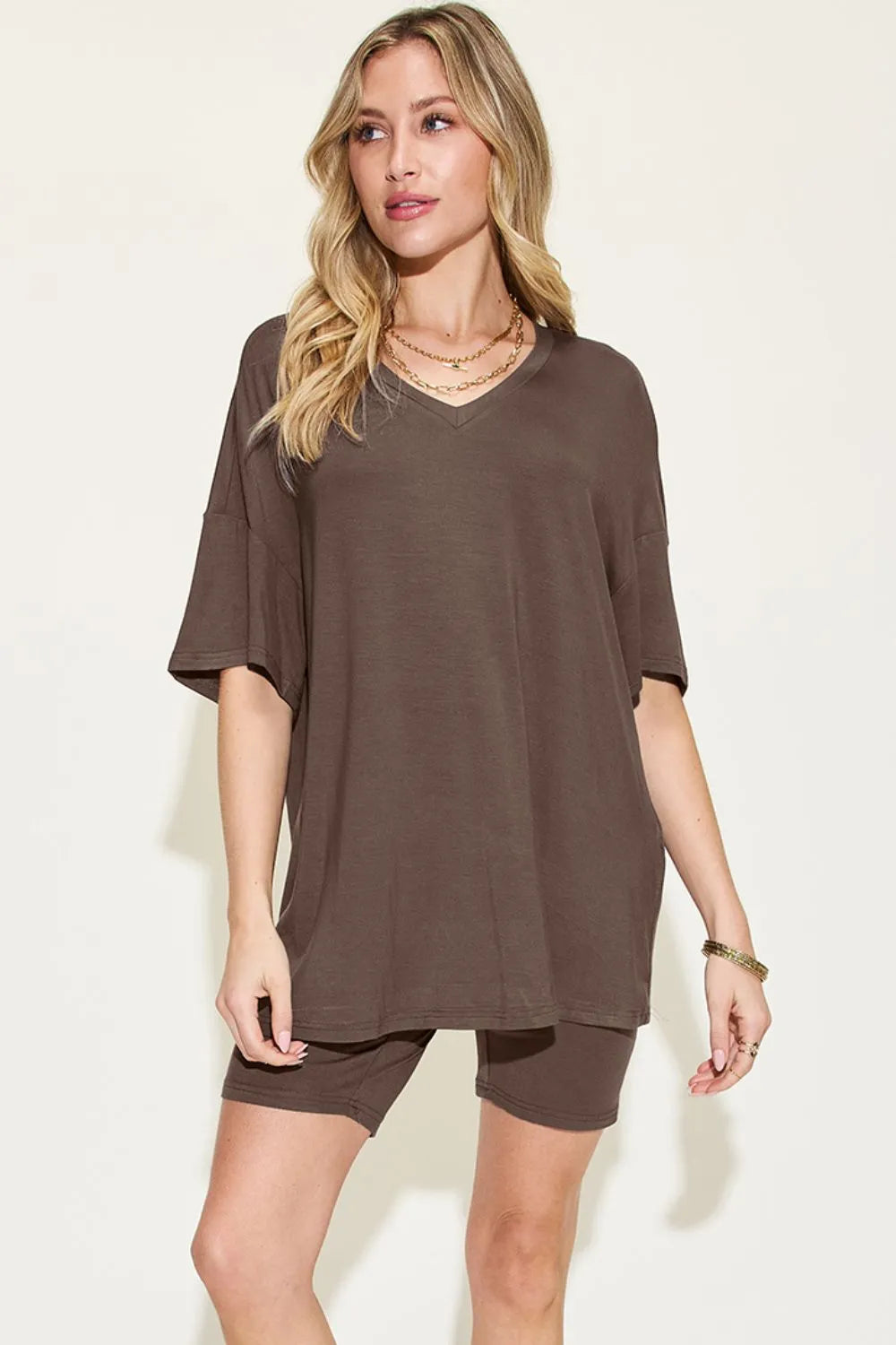 Basic Bae Full Size V - Neck Drop Shoulder T-Shirt and Shorts Set - Demented Sisters