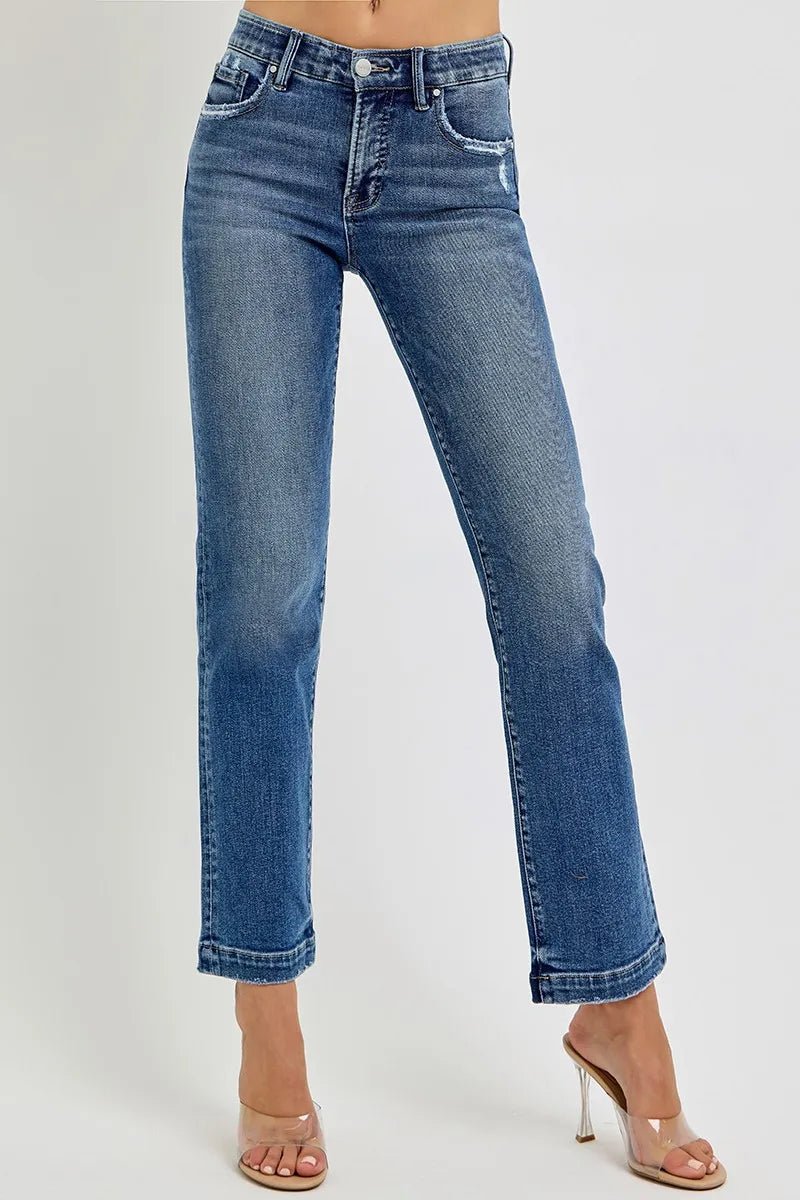 RISEN Full Size Tummy Control Elastic Band Mid Rise Straight Jeans Plus Size - Demented Sisters