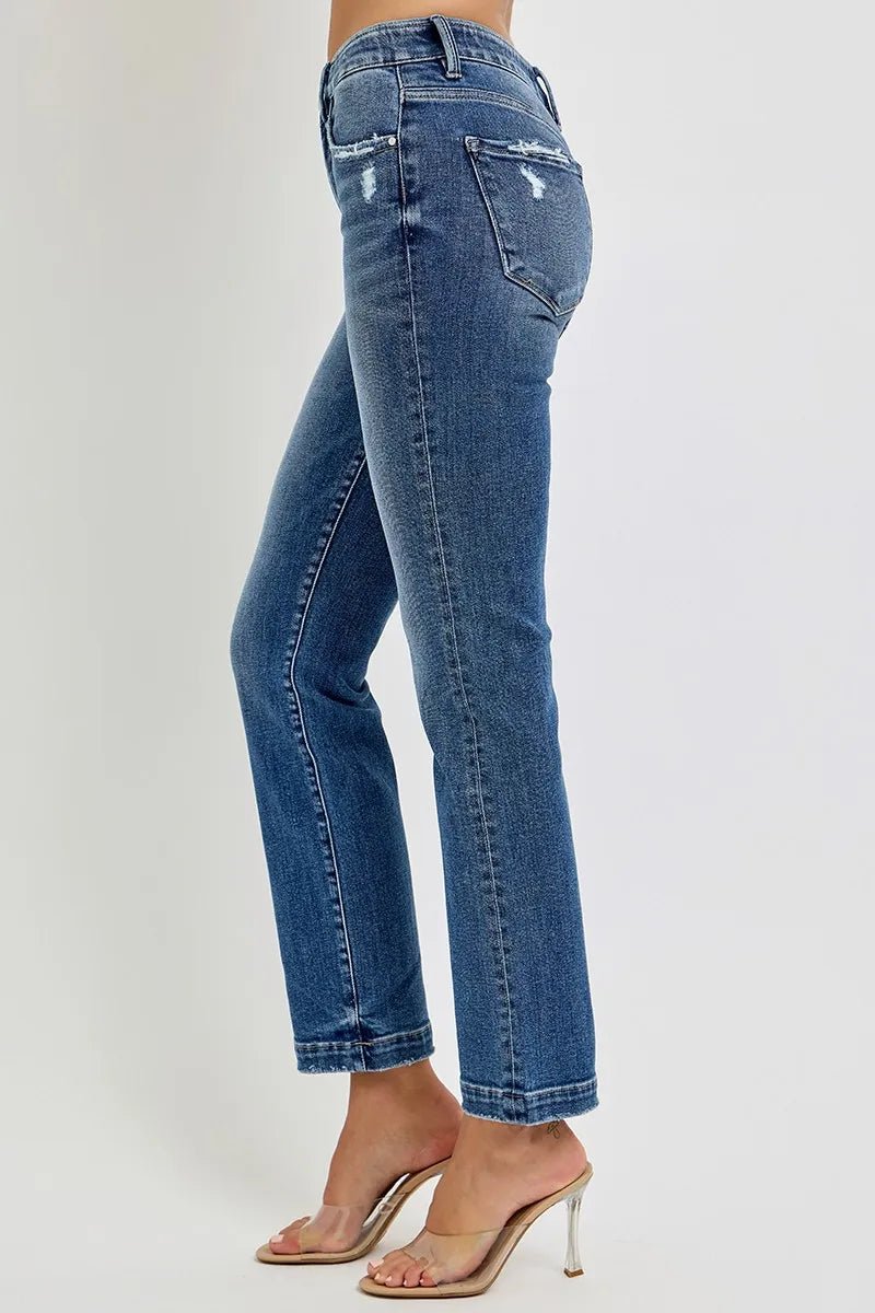 RISEN Full Size Tummy Control Elastic Band Mid Rise Straight Jeans Plus Size - Demented Sisters