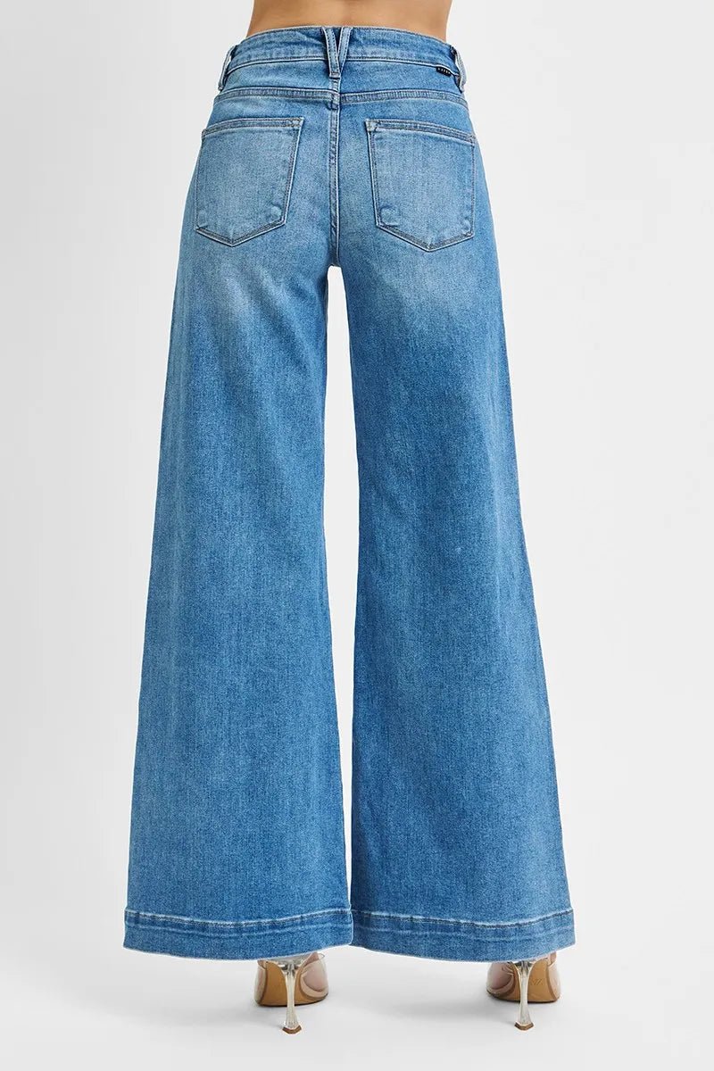 RISEN Full Size Mid Rise Wide Front Patch Pocket Jeans Plus Size - Demented Sisters