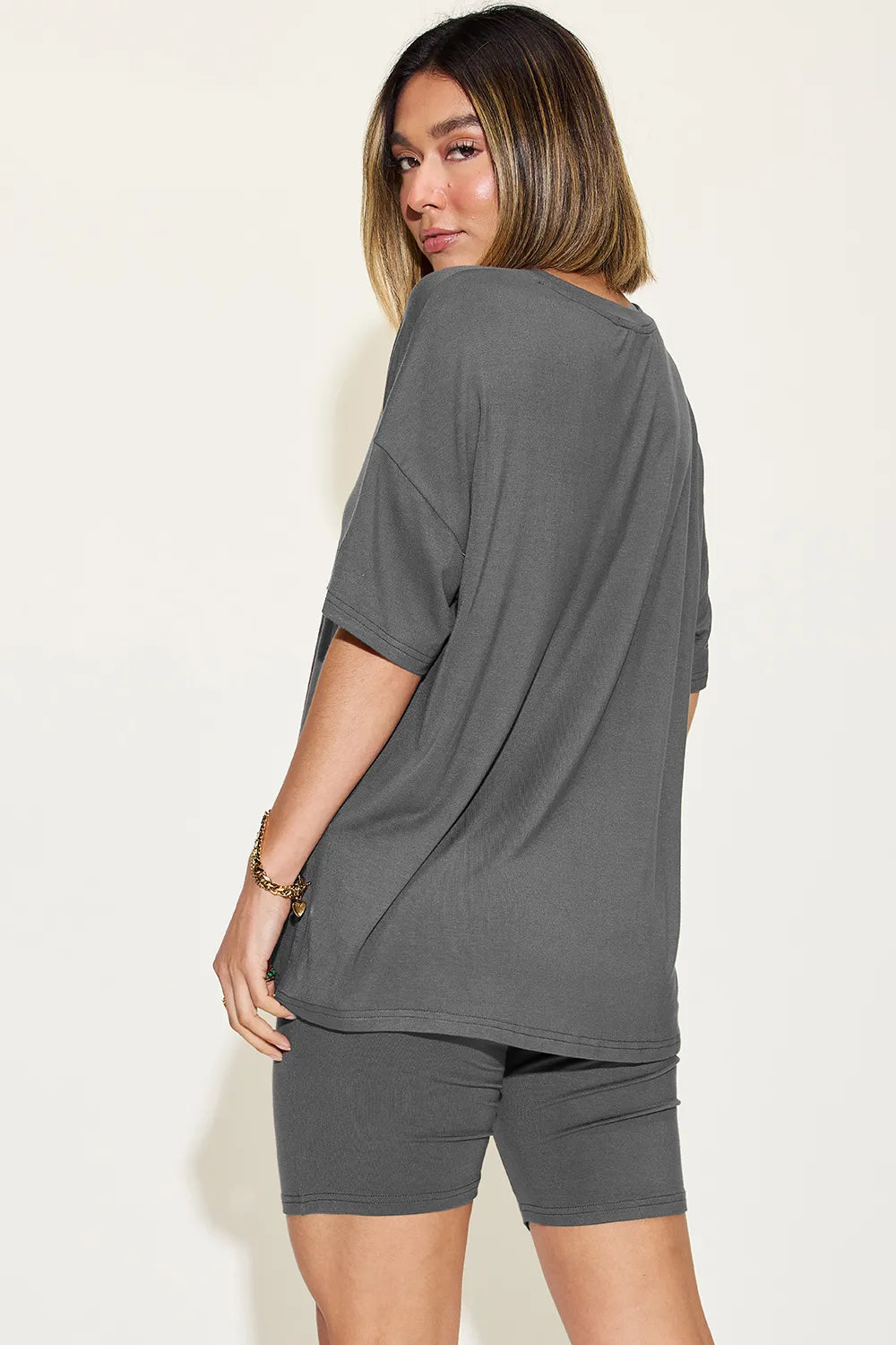 Basic Bae Full Size V - Neck Drop Shoulder T-Shirt and Shorts Set - Demented Sisters