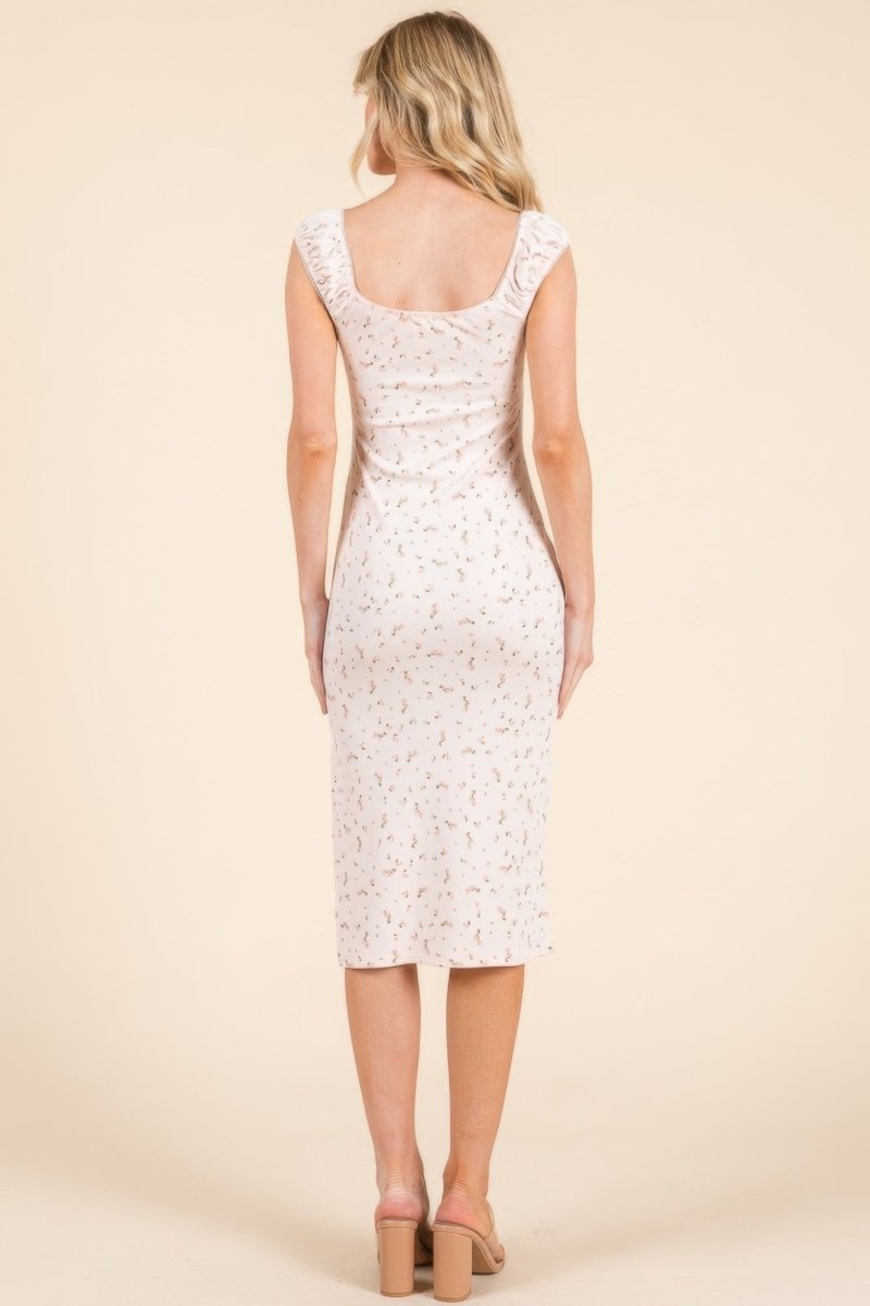 Cap Sleeve Shirred Printed Midi Dress W/ Side Slit - Demented Sisters