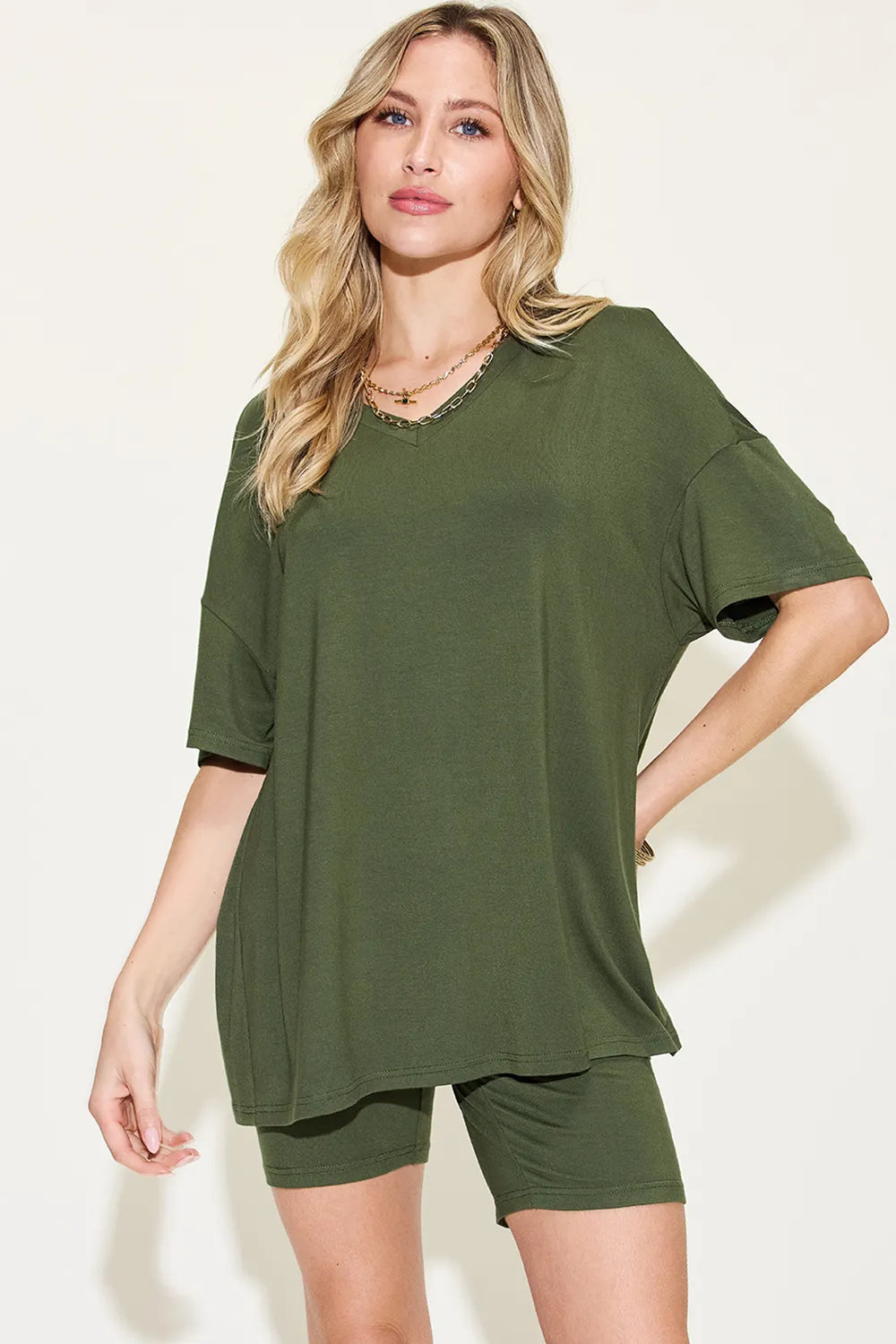 Basic Bae Full Size V - Neck Drop Shoulder T-Shirt and Shorts Set - Demented Sisters