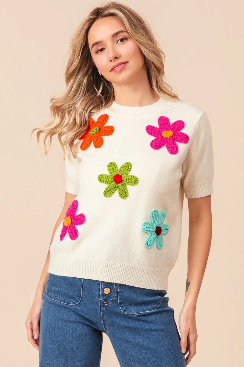 BiBi Crochet Flower Patch Sweater Top - Demented Sisters