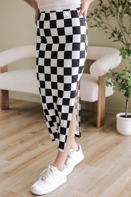 Checker Side Slit High Waist Midi Skirt - Demented Sisters