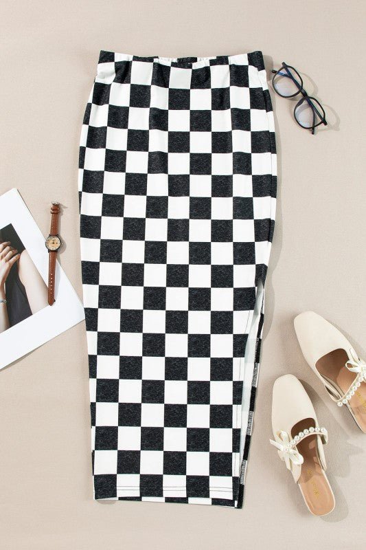 Checker Side Slit High Waist Midi Skirt - Demented Sisters