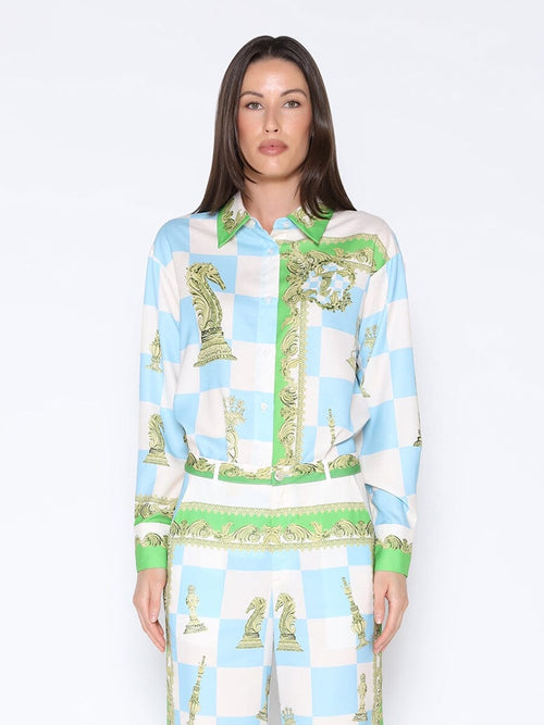 Checkmate Satin Long Sleeve Button Down Shirt - Demented Sisters