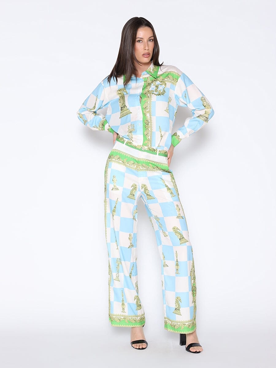 Checkmate Satin Long Sleeve Button Down Shirt - Demented Sisters