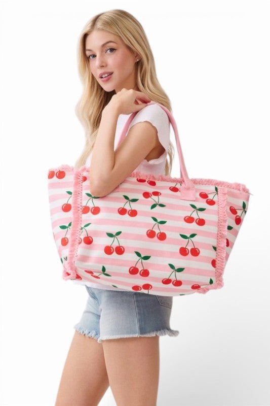 Cherry Stripe Canvas Fringe Tote Bag - Demented Sisters