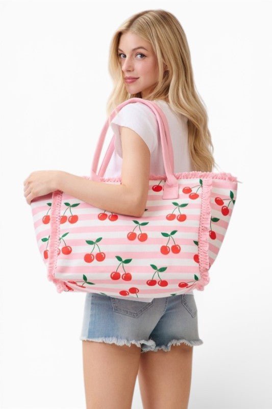 Cherry Stripe Canvas Fringe Tote Bag - Demented Sisters