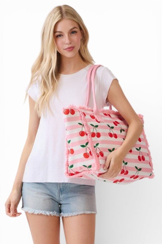 Cherry Stripe Canvas Fringe Tote Bag - Demented Sisters
