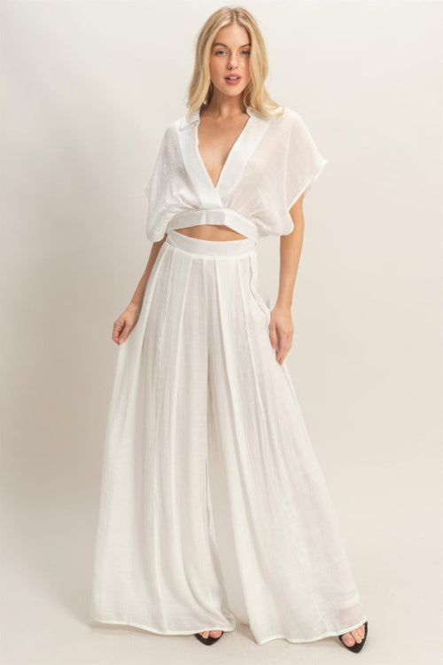 Collared Wrap Top & Wide-leg Pants Set - Demented Sisters