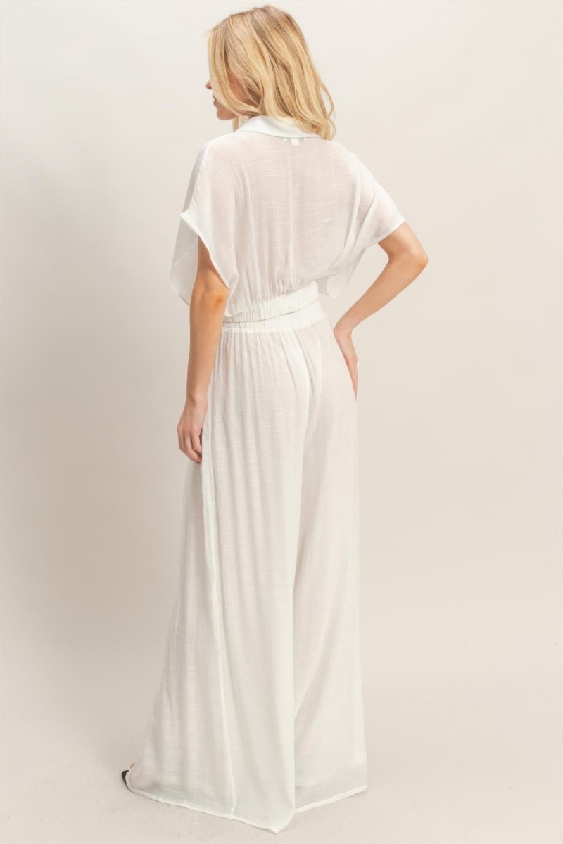 Collared Wrap Top & Wide-leg Pants Set - Demented Sisters
