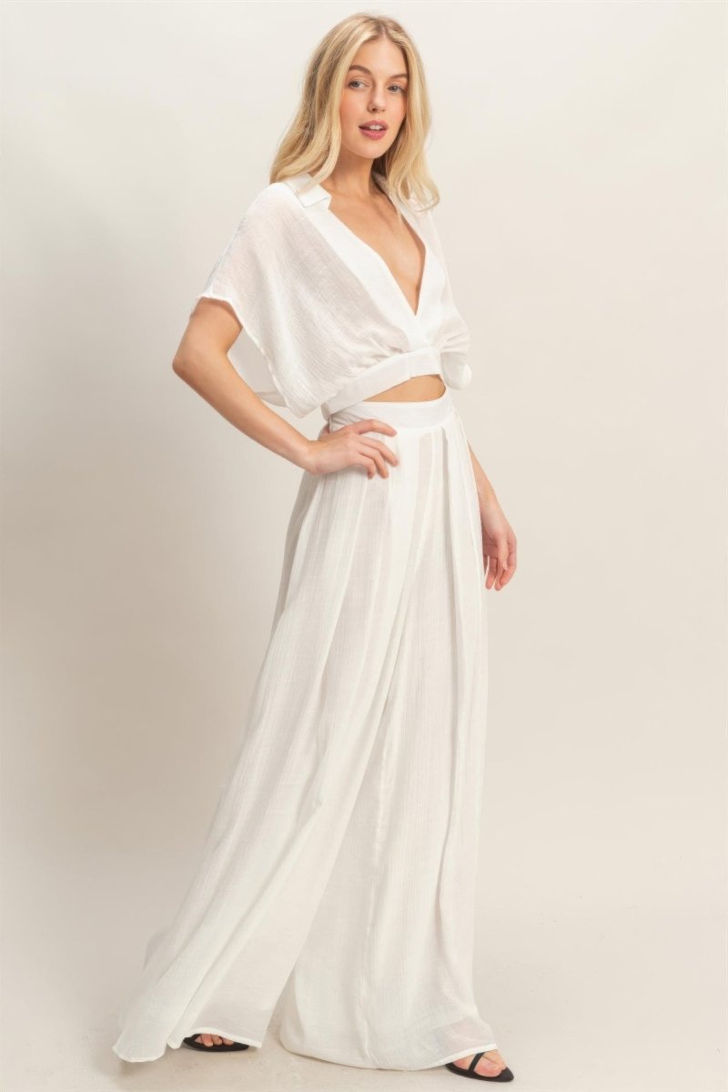 Collared Wrap Top & Wide-leg Pants Set - Demented Sisters