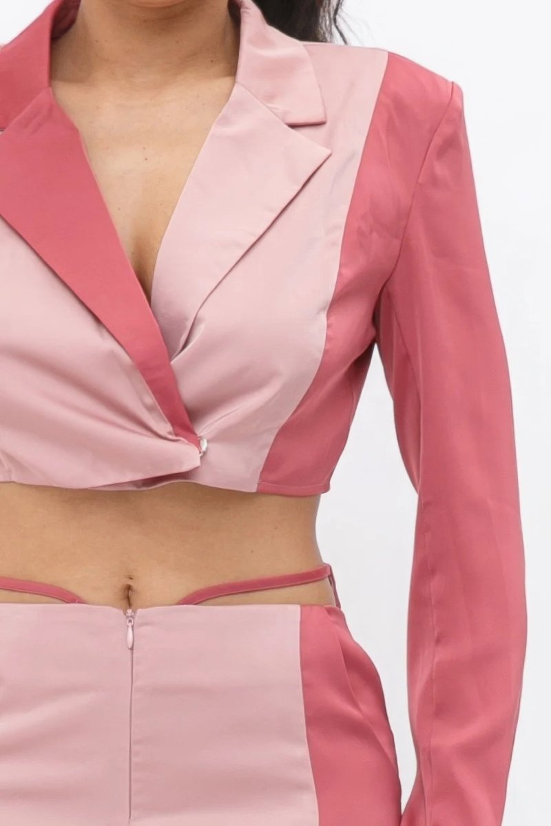 Colorblock Crop Blazer With Matching Low Rise Wide Leg Pant Set With Pockets - Demented Sisters