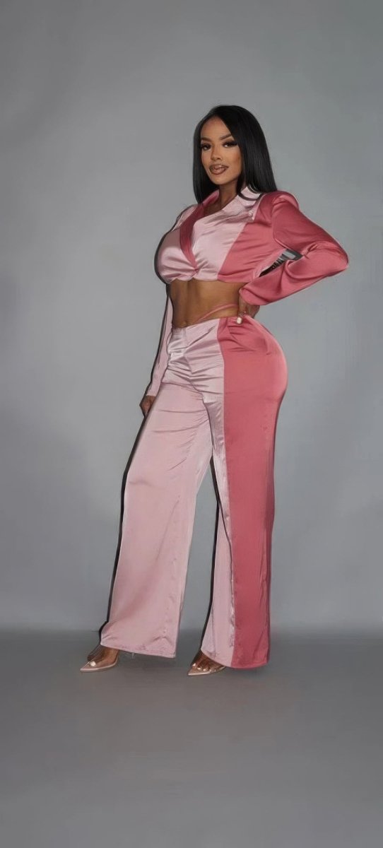 Colorblock Crop Blazer With Matching Low Rise Wide Leg Pant Set With Pockets - Demented Sisters