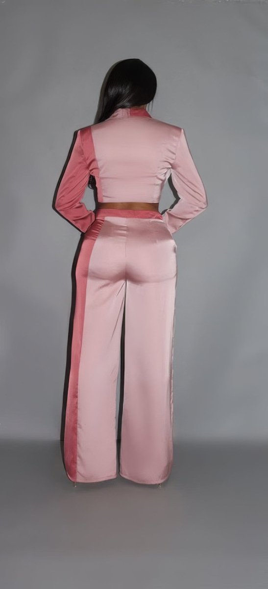 Colorblock Crop Blazer With Matching Low Rise Wide Leg Pant Set With Pockets - Demented Sisters