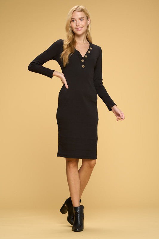 Cotton Rib Knit Midi Bodycon Dress with Buttons - Demented Sisters