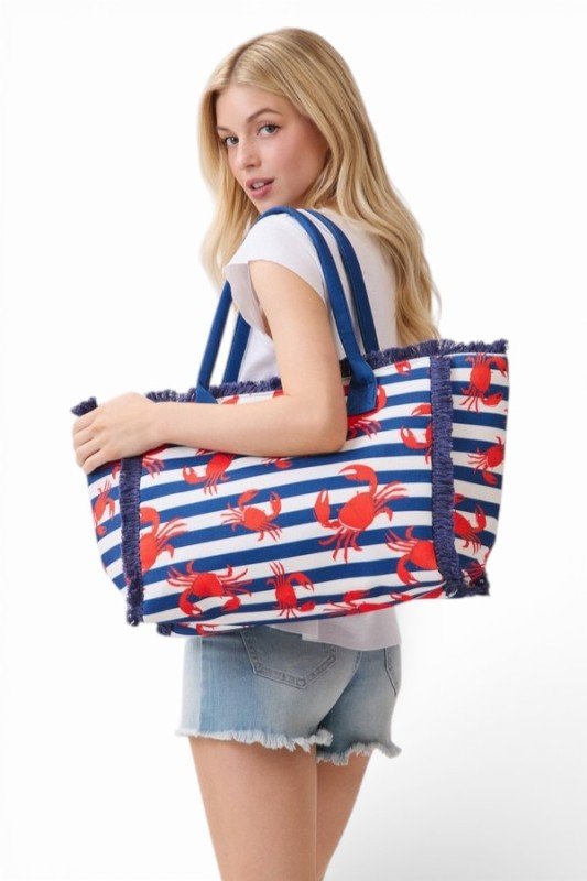 Crab Stripe Print Fringe Canvas Tote Bag - Demented Sisters