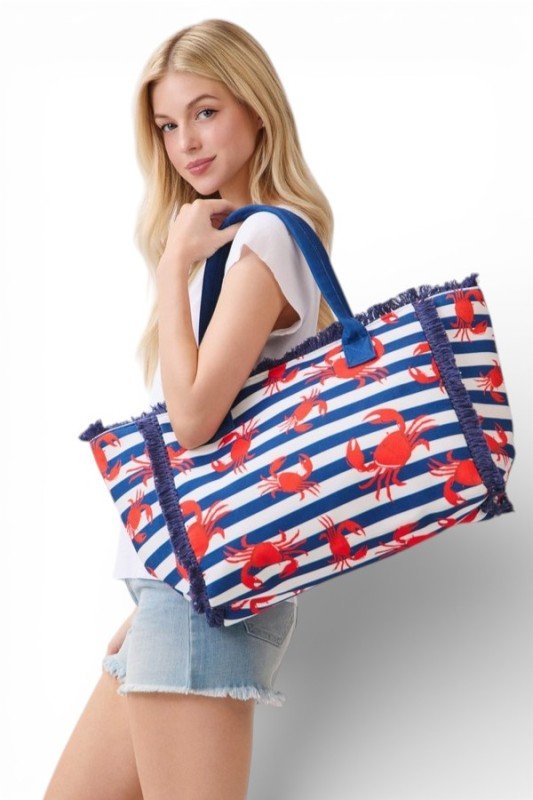 Crab Stripe Print Fringe Canvas Tote Bag - Demented Sisters