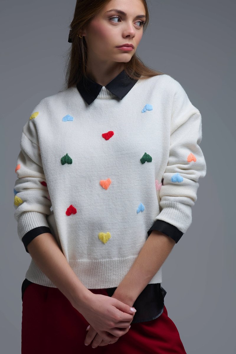 Cream Sweater With Multicolor Embroidered Hearts - Demented Sisters