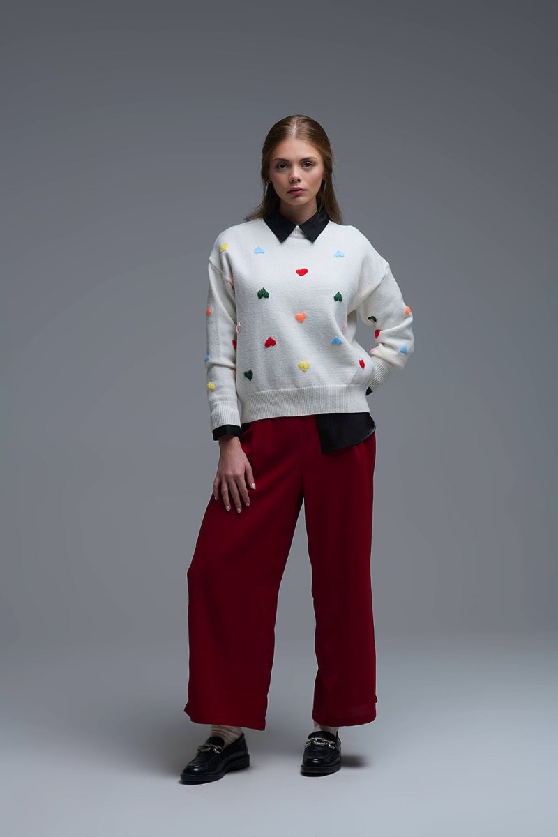 Cream Sweater With Multicolor Embroidered Hearts - Demented Sisters
