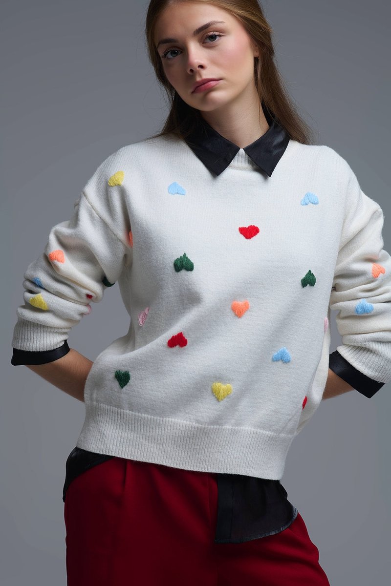 Cream Sweater With Multicolor Embroidered Hearts - Demented Sisters