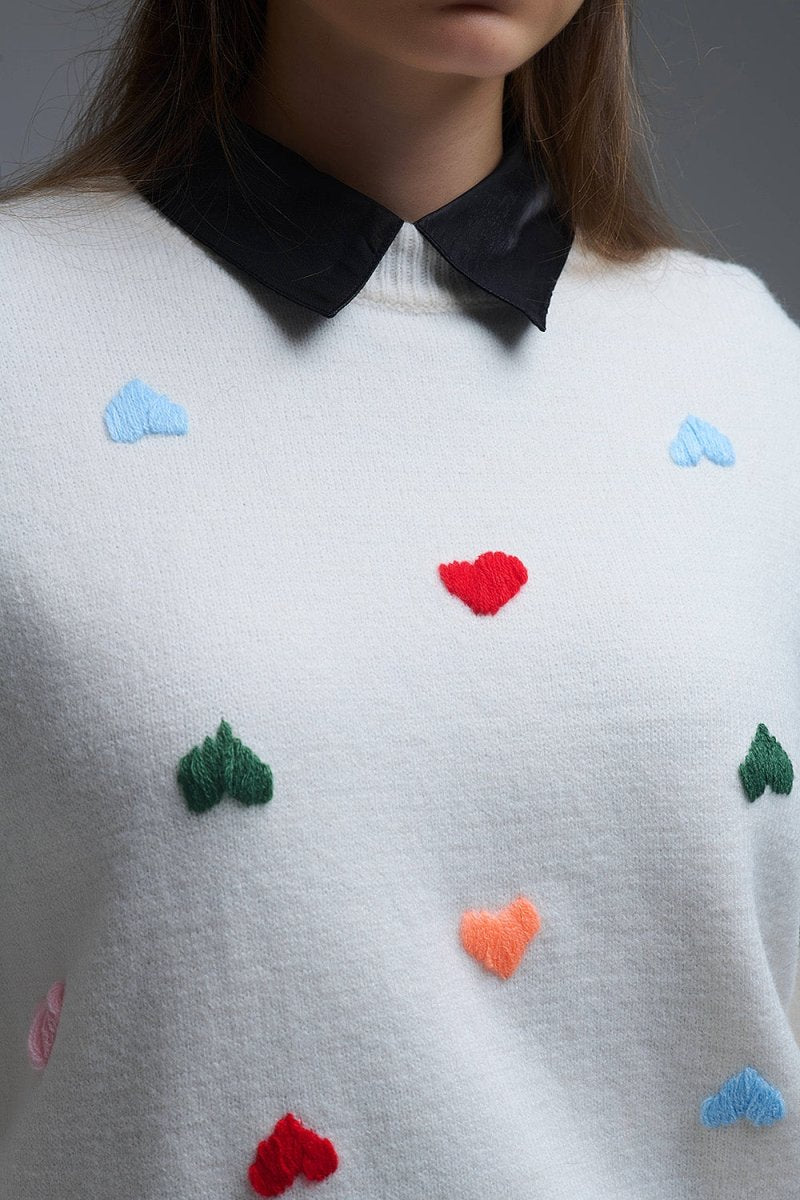 Cream Sweater With Multicolor Embroidered Hearts - Demented Sisters