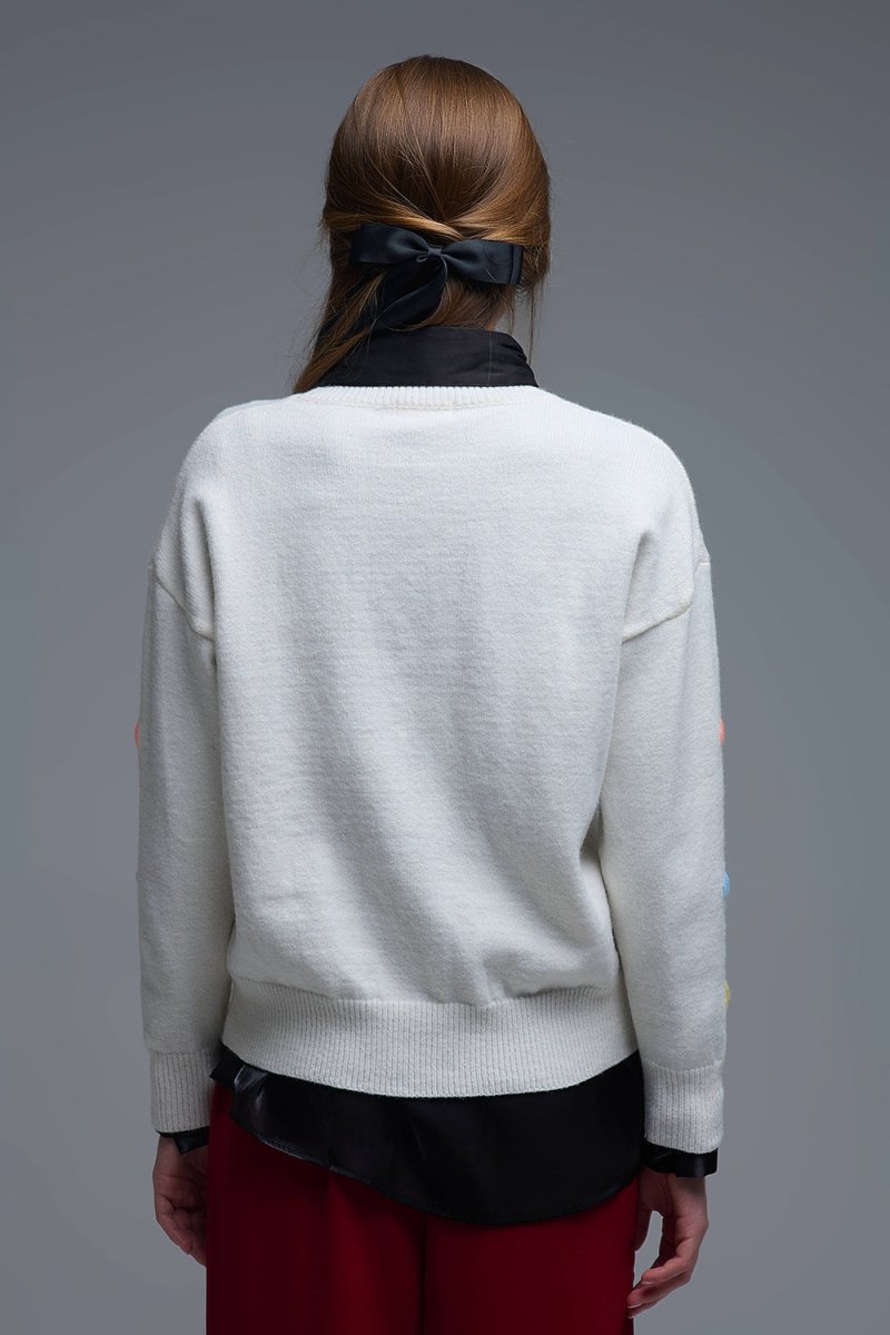 Cream Sweater With Multicolor Embroidered Hearts - Demented Sisters