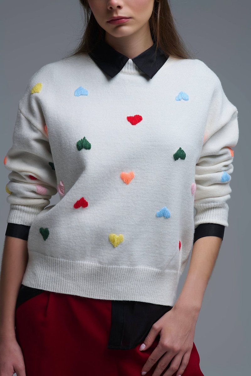 Cream Sweater With Multicolor Embroidered Hearts - Demented Sisters