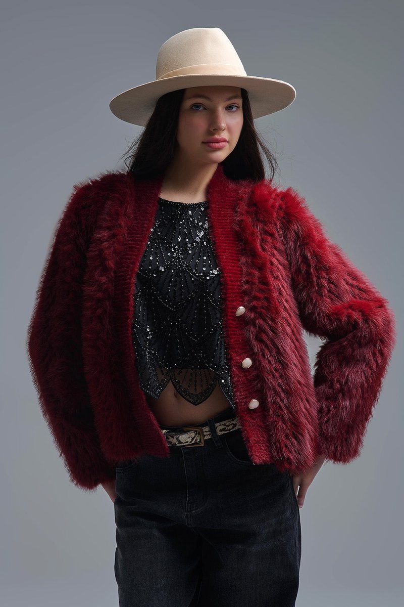 Cropped Jacket in burgundy in fine fur - Demented Sisters
