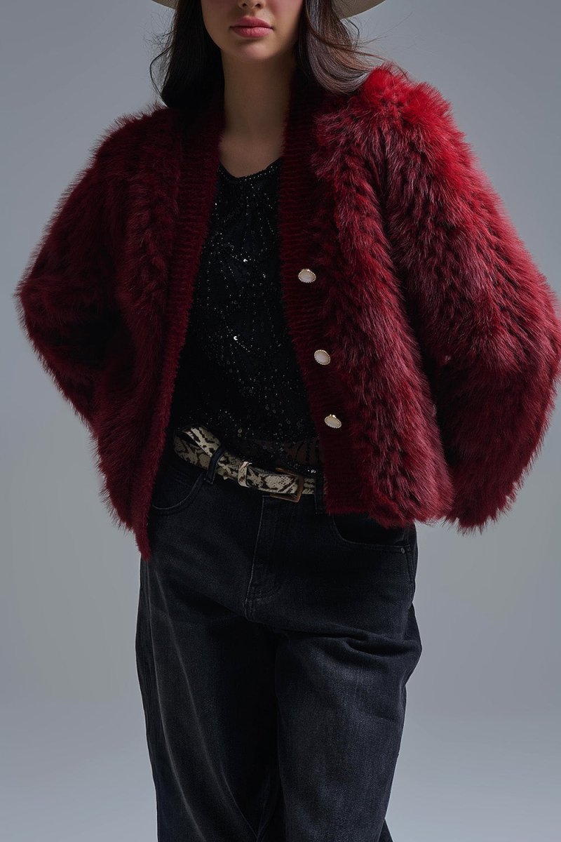 Cropped Jacket in burgundy in fine fur - Demented Sisters