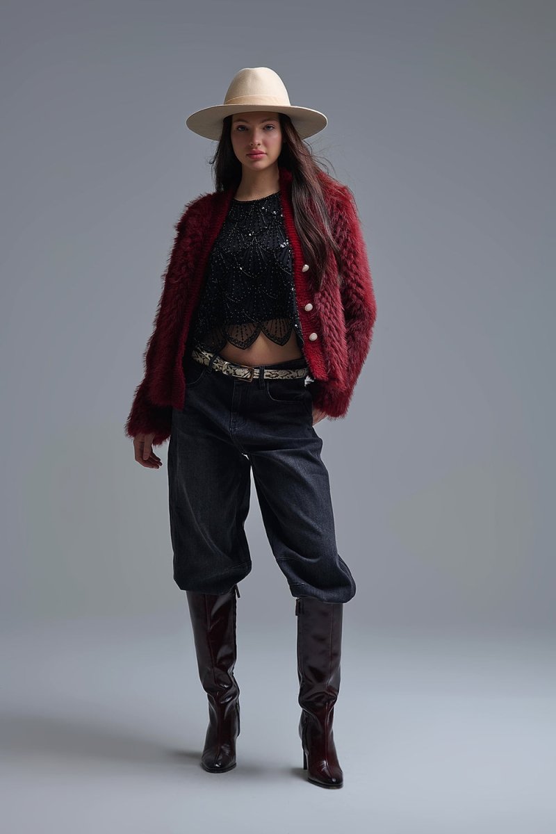 Cropped Jacket in burgundy in fine fur - Demented Sisters
