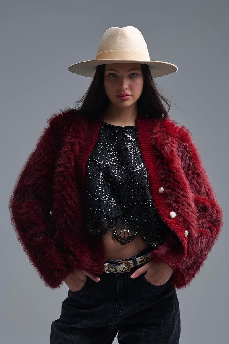 Cropped Jacket in burgundy in fine fur - Demented Sisters