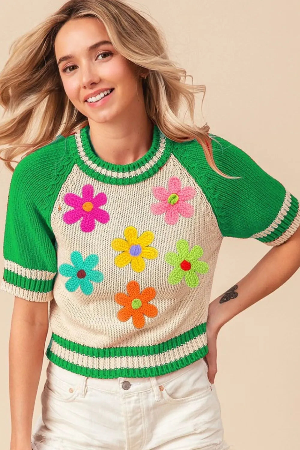 BiBi Crochet Flower Patches Striped Rib Band Sweater - Demented Sisters