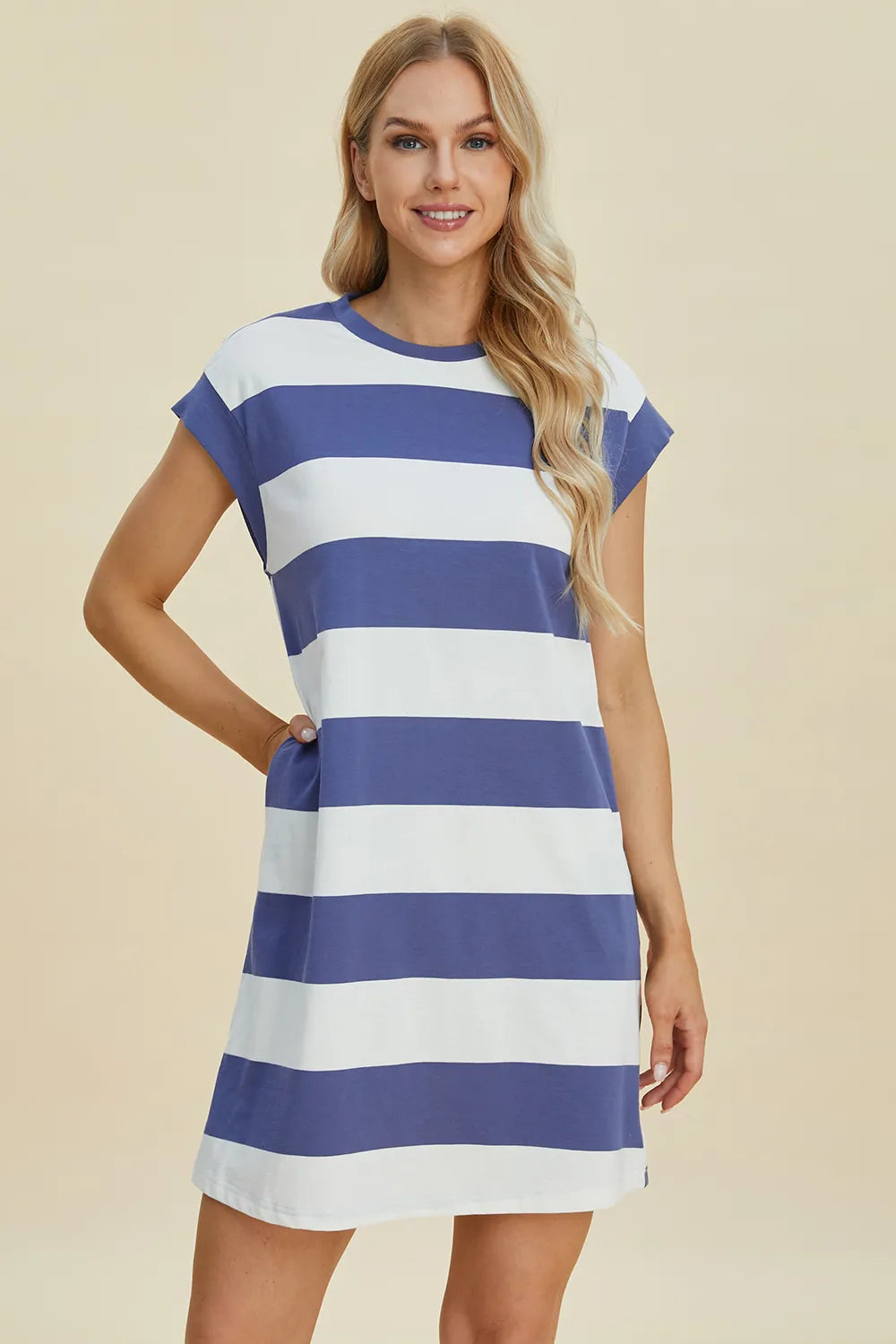 Basic Bae Full Size Striped Round Neck Cap Sleeve Mini Dress - Demented Sisters