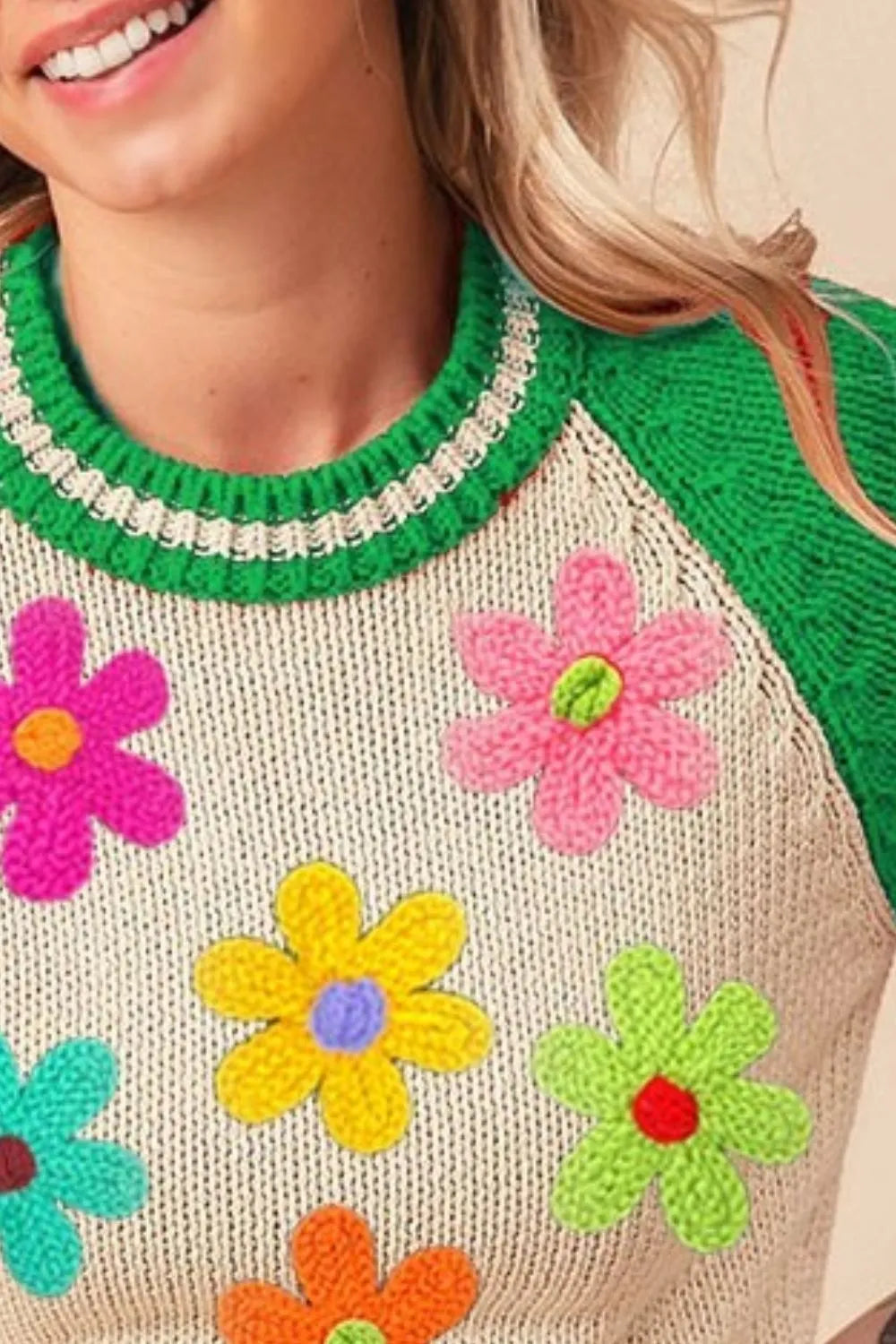BiBi Crochet Flower Patches Striped Rib Band Sweater - Demented Sisters