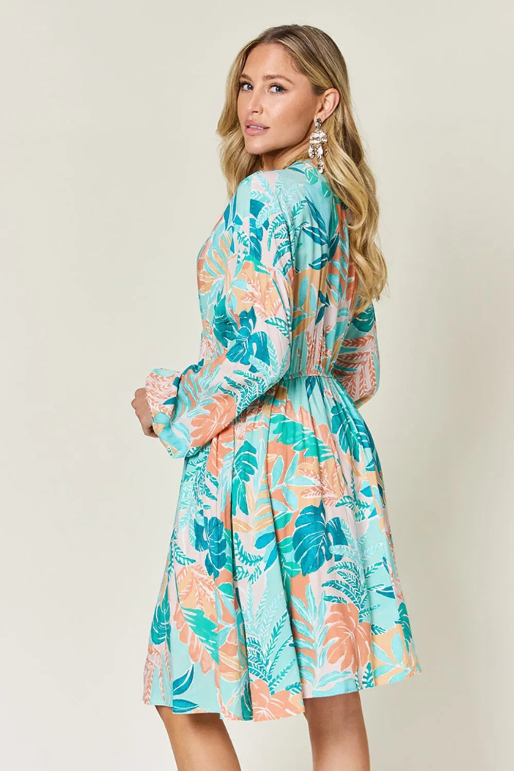 Double Take Full Size Printed V - Neck Drawstring Dress - Demented Sisters