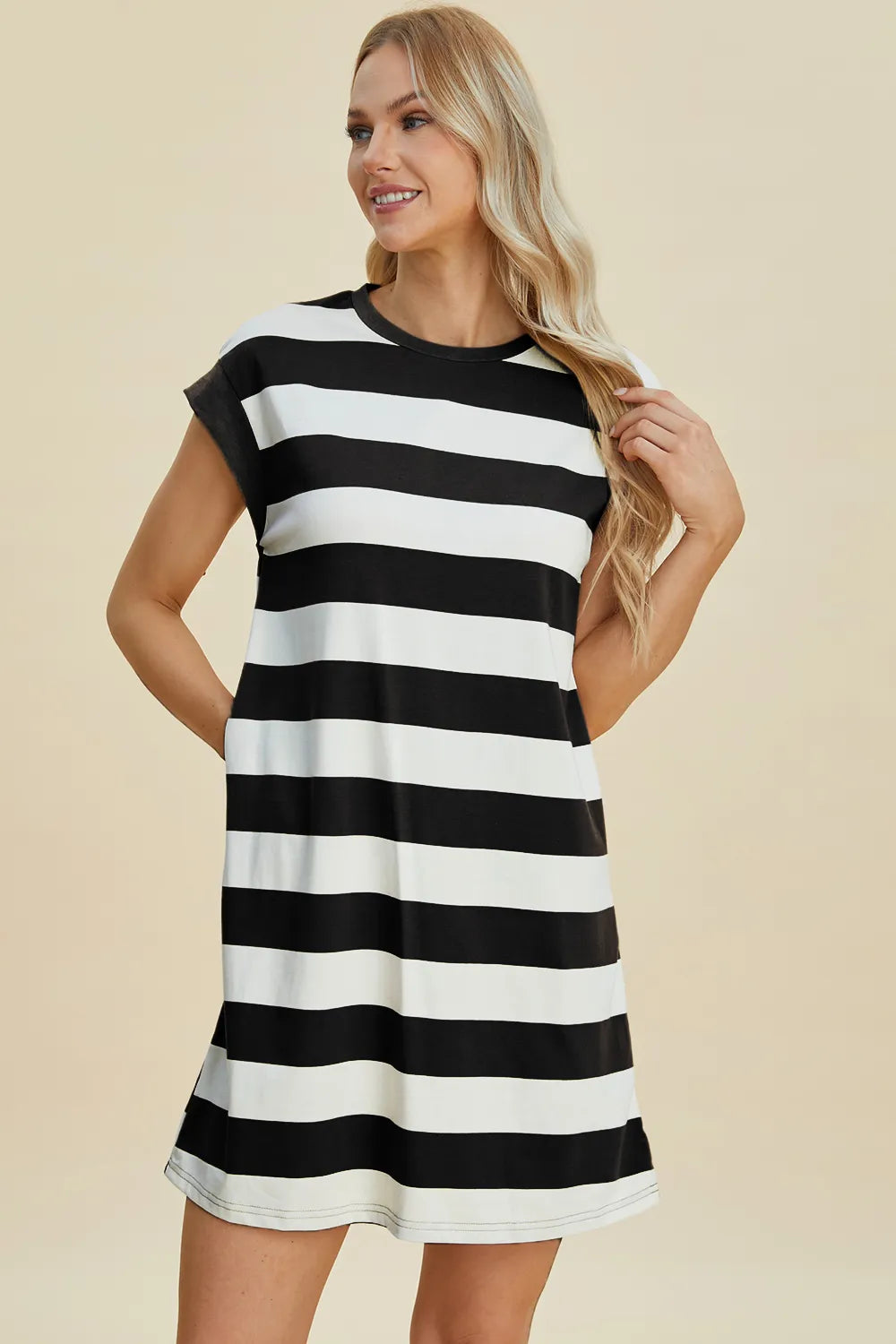 Basic Bae Full Size Striped Round Neck Cap Sleeve Mini Dress - Demented Sisters