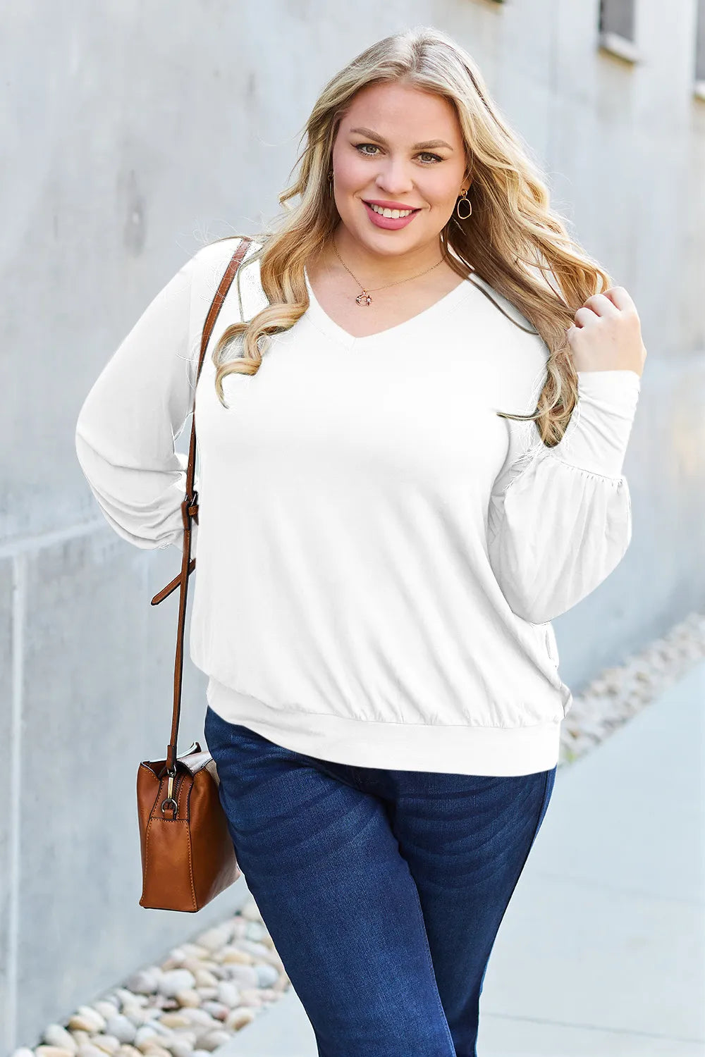 Basic Bae Full Size V - Neck Lantern Sleeve Top - Demented Sisters