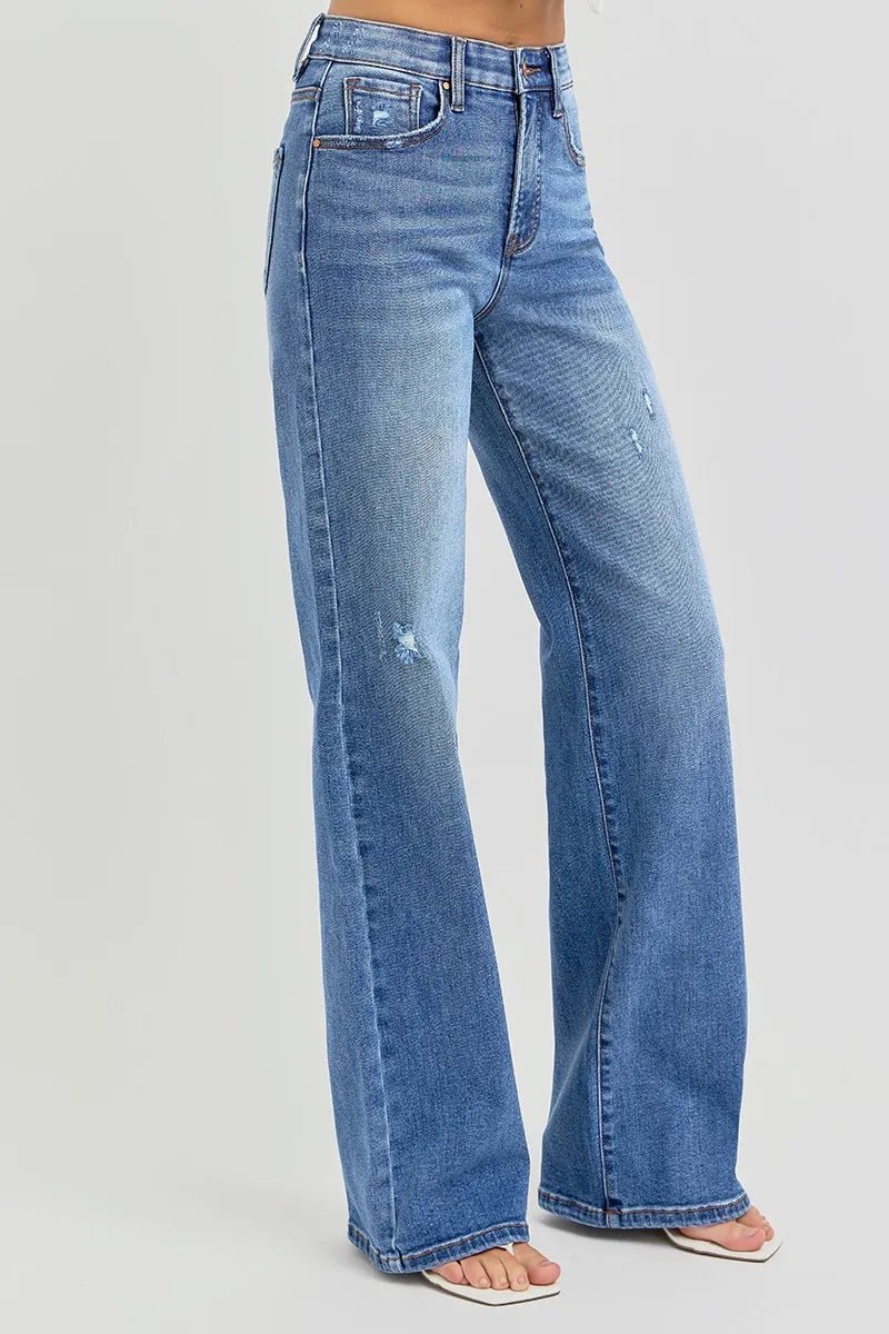 RISEN Full Size Tummy Control Elastic Band High Rise Wide Jeans Plus Size - Demented Sisters