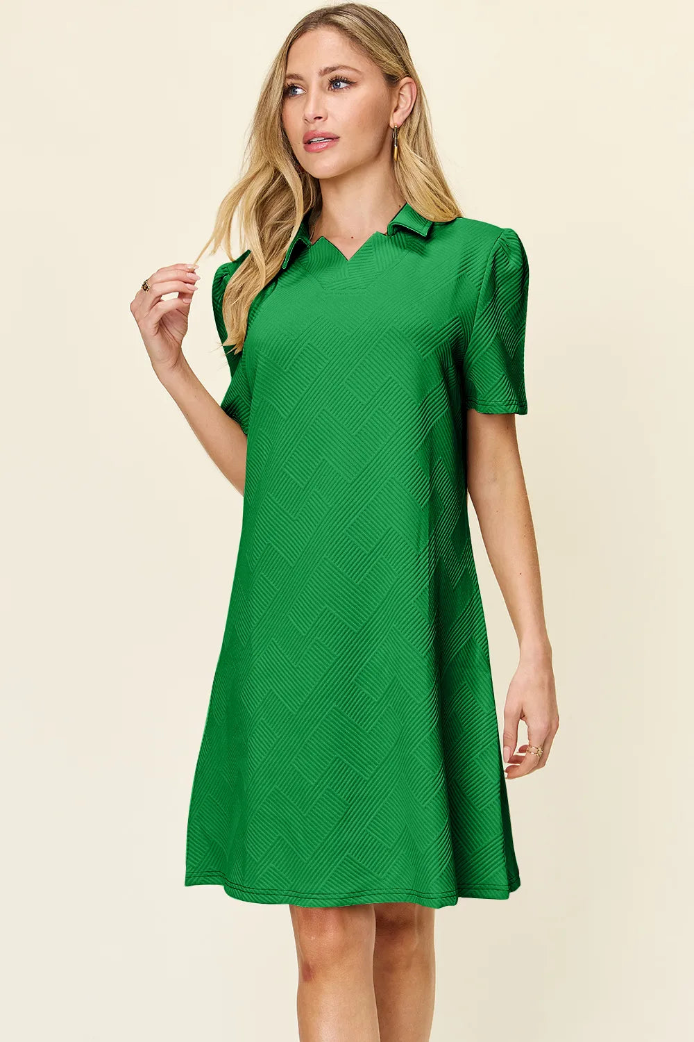 Double Take Full Size Texture Collared Neck Short Sleeve Dress - Demented Sisters