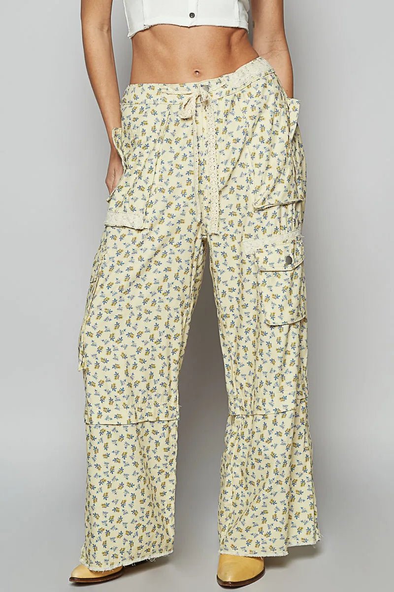 POL Floral Cargo Wide Leg Pants with Lace Drawstring - Demented Sisters