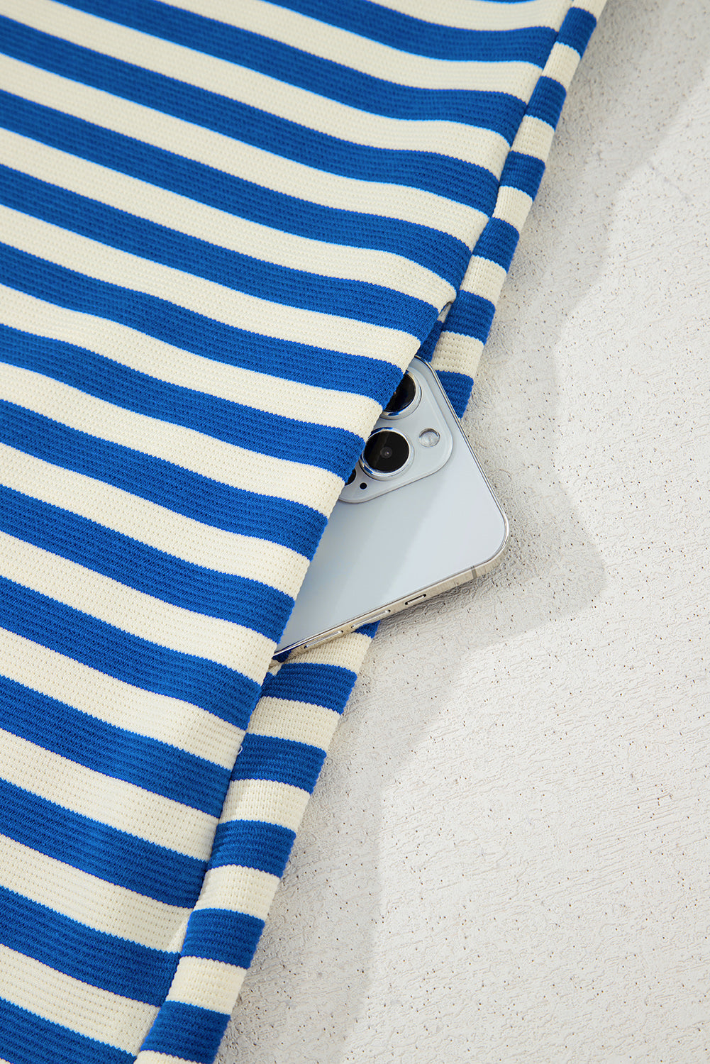 Dark Blue Striped Ruffle Short Sleeve Pop of Color Neckline Dress
