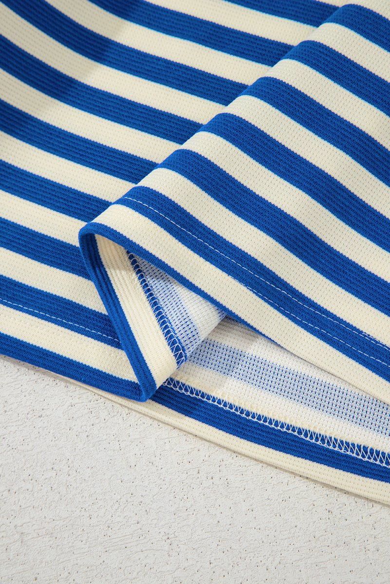 Dark Blue Striped Ruffle Short Sleeve Pop of Color Neckline Dress - Demented Sisters
